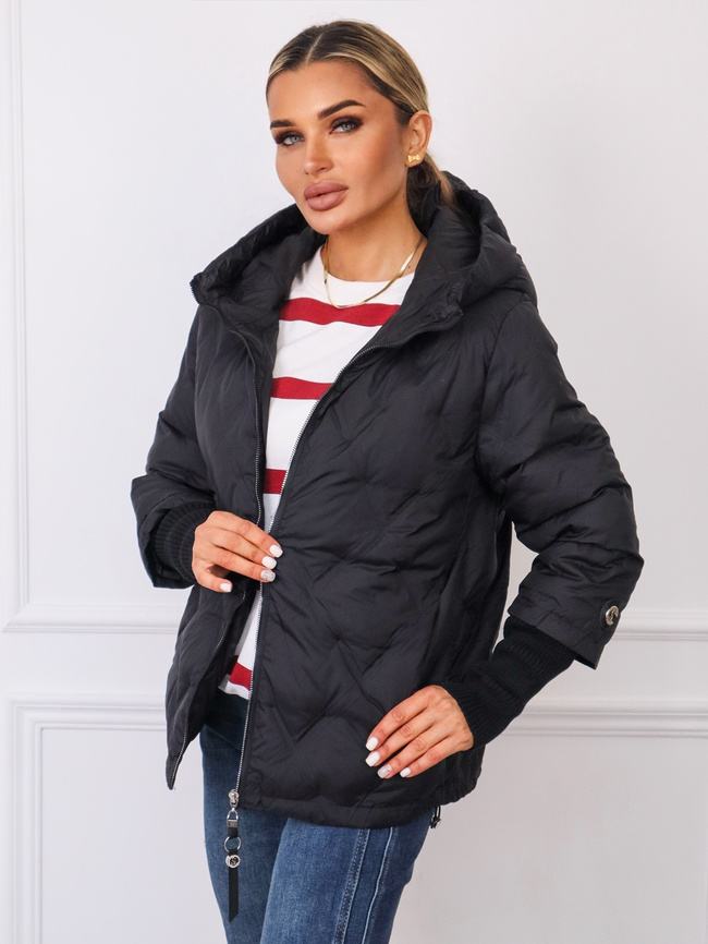 KURTKA PIKOWANA Z MATERIAŁOWYM ŚCIAGACZEM NA RĘKAWIE- CZARNA