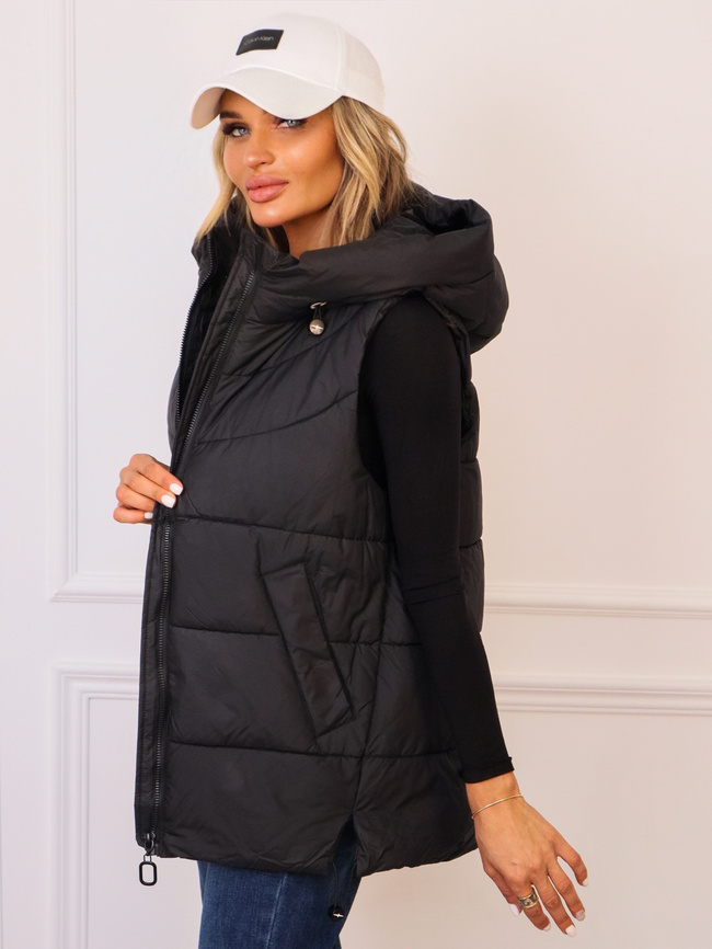 ASYMETRYCZNA KAMIZELKA Z KAPTUREM I ŚCIAGACZEM NA DOLE- CZARNA