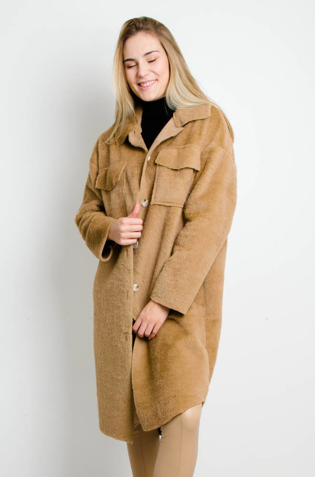 BRĄZOWY PŁASZCZ ALPAKA Z KIESZONKAMI 
