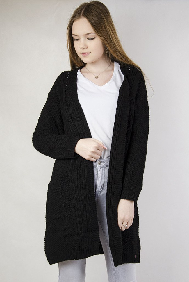 Długi czarny sweter z kieszeniami