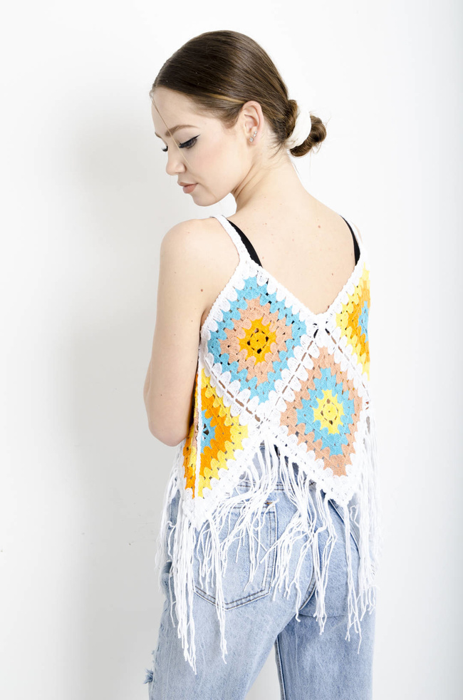 BLUZKA AŻUROWA NA RAMIĄCZKA Z FRĘDZLAMI - BIAŁA