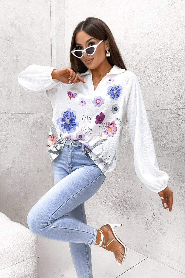 BLUZKA ONESIZE Z KOŁNIERZYKIEM I KWIATAMI-BIAŁA