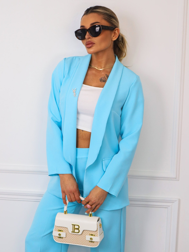 KOMPLET ELEGANCKI MARYNARKA+ SPODNIE- BROSZKA GRATIS- NIEBIESKI