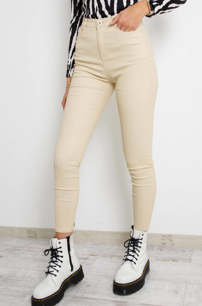 SPODNIE WOSKOWANE Z WYSOKIM STANEM- BEŻOWE