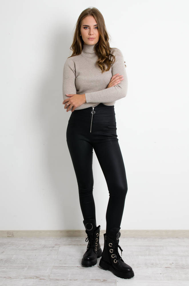 CZARNE WOSKOWANE SPODNIE MATOWE Z BARDZO WYSOKIM STANEM