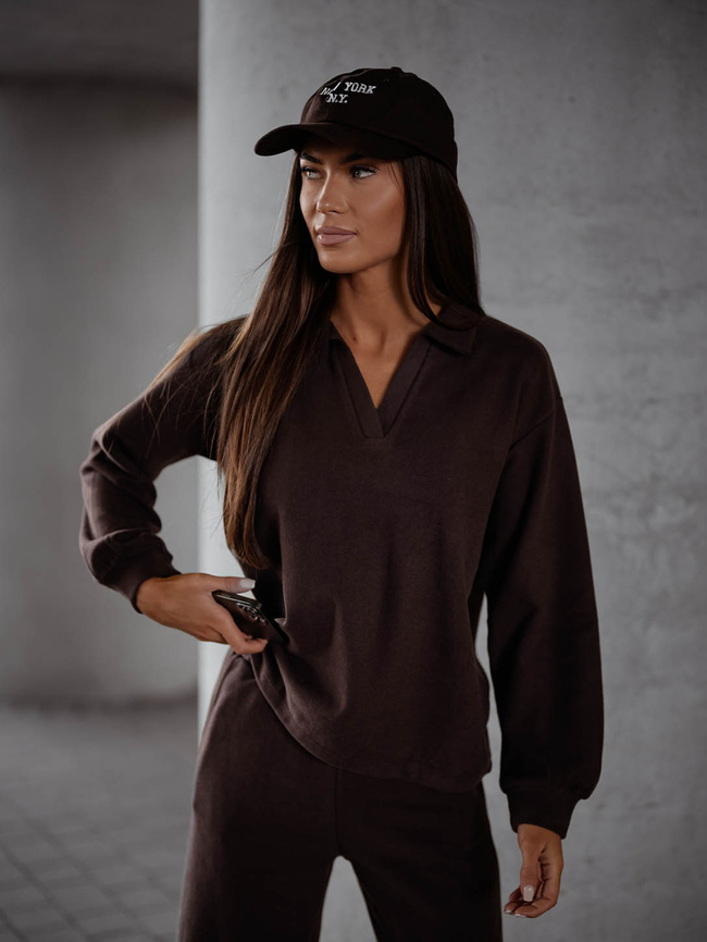 KOMPLET DZIANINOWY SWETERKOWA BLUZA+ SPODNIE- CZEKOLADOWY