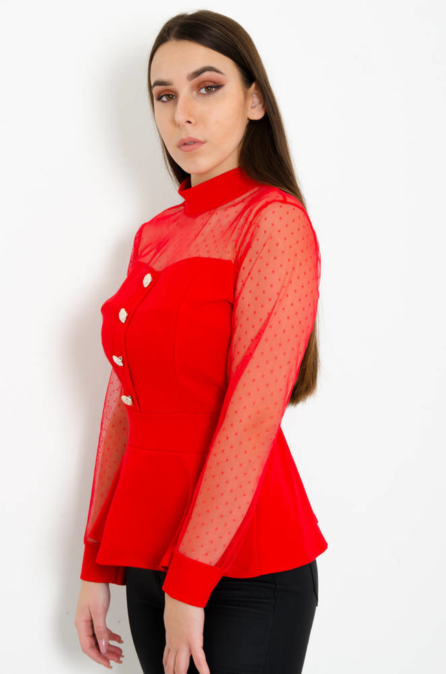 CZERWONA ELEGANCKA BLUZKA BASKINKA Z OZDOBNYMI GUZIKAMI
