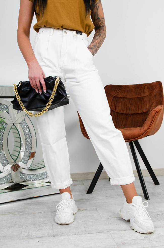 BIAŁE SPODNIE JEANSOWE SLOUCHY-WYSOKI STAN