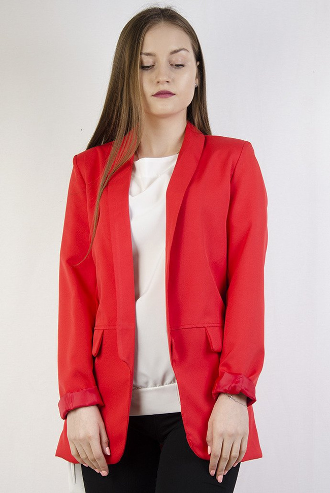 Czerwony żakiet bez guzików