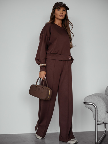 KOMPLET MASEŁKO BLUZA + SPODNIE Z SZEROKĄ NOGAWKĄ- CZEKOLADOWY