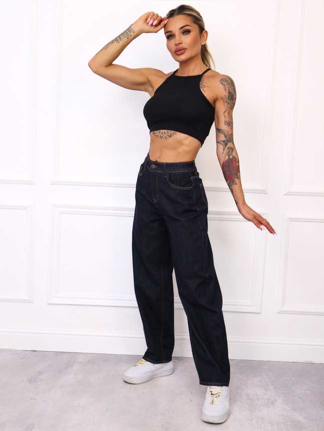 SPODNIE JENSOWE LOOSE Z WYSOKIM STANEM- CIEMNY GRANAT