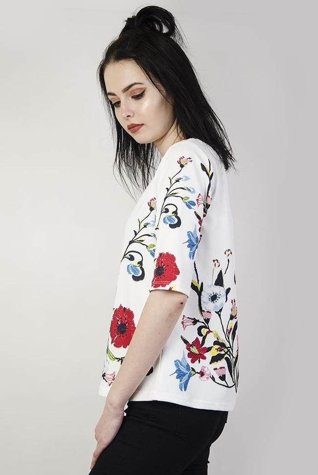 Biała bluzka w kwiatowe wzory, z zamkiem z tyłu