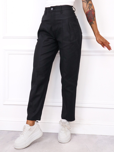 SPODNIE WOSKOWANE MOM FIT Z OZDOBNYMI PRZESZYCIAMI-CZARNE