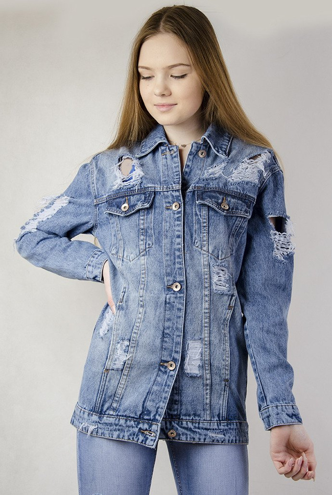 Kurtka jeansowa dłuższa z przetarciami