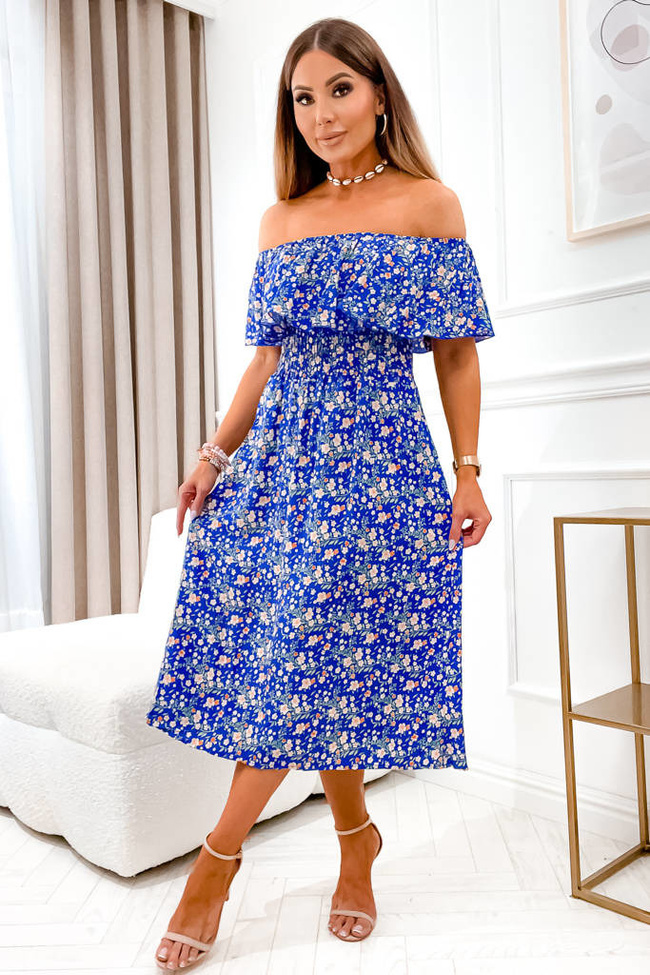 SUKIENKA MIDI W KWIATY HISZPANKA- NIEBIESKA