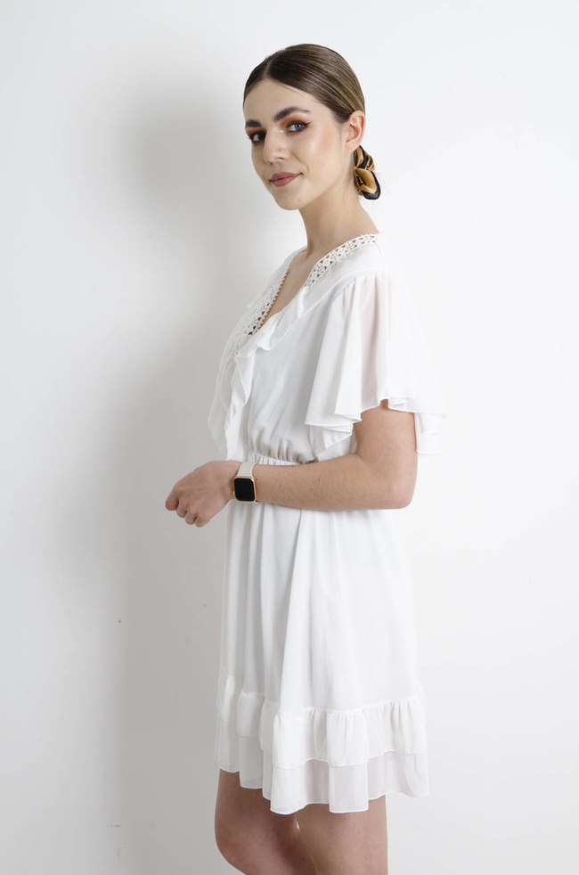 SUKIENKA SZYFONOWA Z AŻUROWYM DEKOLTEM BIAŁA