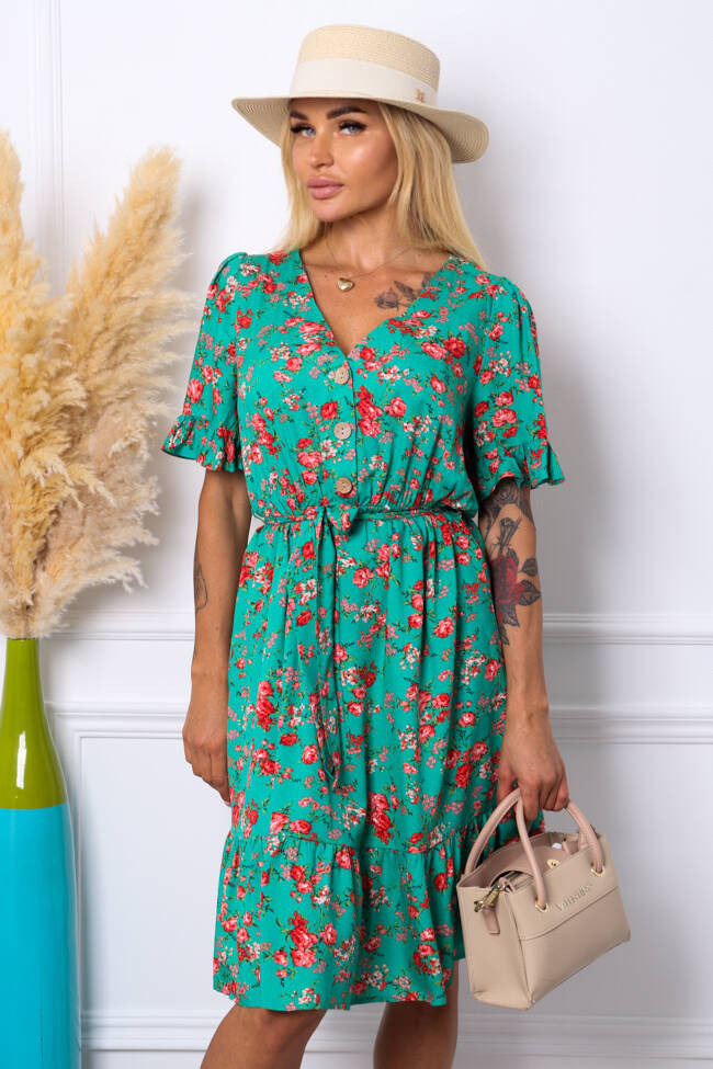 SUKIENKA MIDI W KWIATY Z DEKOLTEM NA GUZIKI+ PASEK- ZIELONA