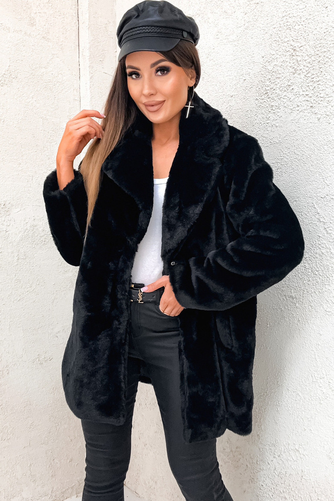 FUTRZANY PŁASZCZ Z KIESZENIAMI- CZARNY