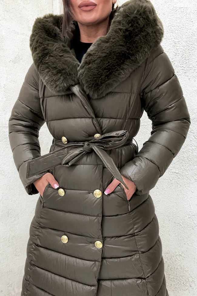 PIKOWANY PŁASZCZ ZE ZŁOTYMI GUZIKAMI I PASKIEM- CIEMNA ZIELEŃ