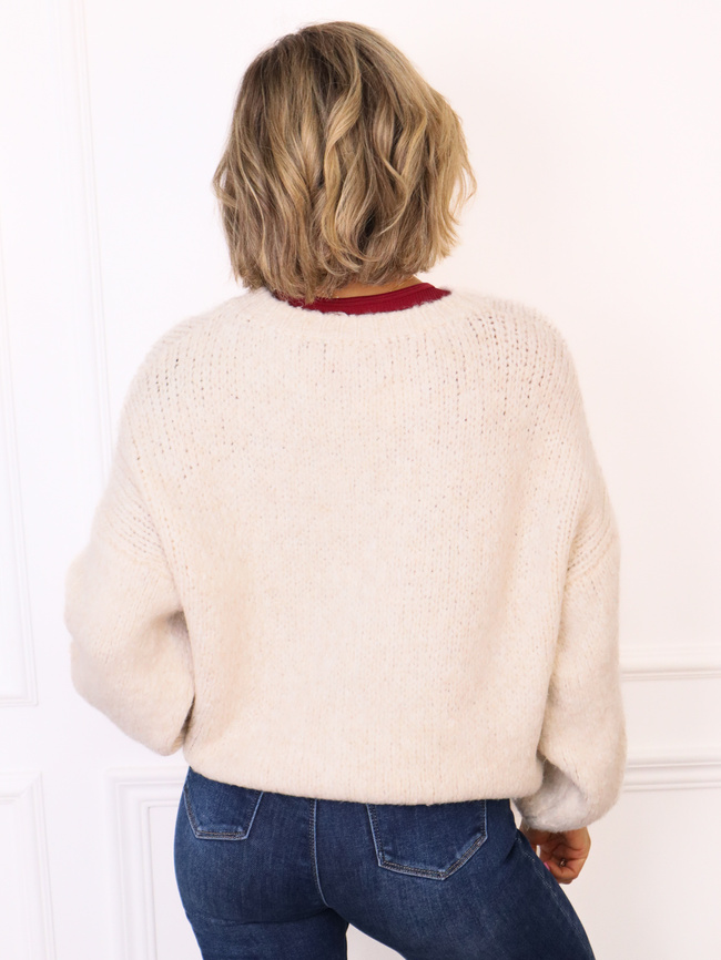 SWETER OVERSIZE Z WARKOCZOWYM SPLOTEM Z PRZODU- ECRU