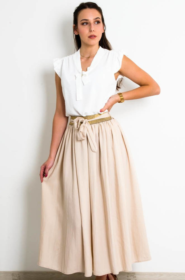 BEŻOWA SPÓDNICA MAXI Z WIĄZANIEM-ZŁOTA GUMA W PASIE