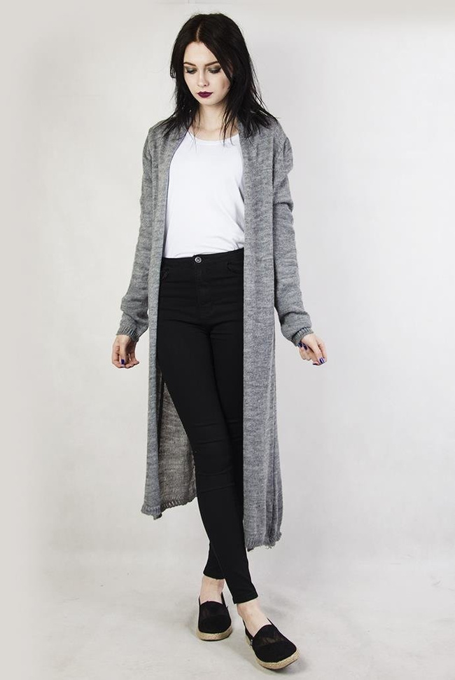 Szary, długi sweter typu kardigan