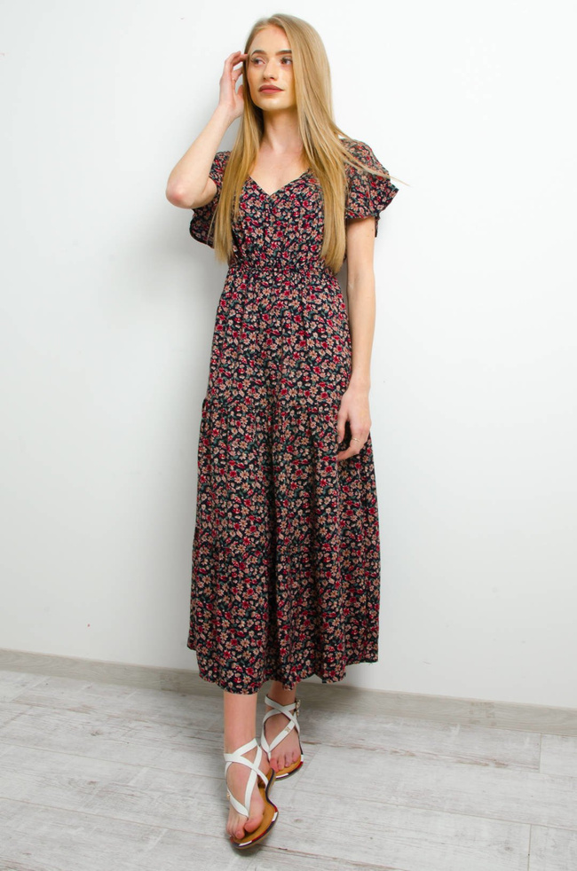 DŁUGA GRANATOWA SUKIENKA W KWIATY- DEKOLT W SEREK
