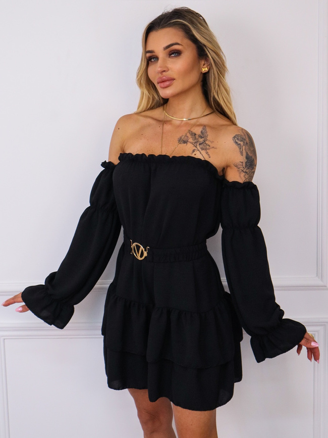 KOMBINEZON HISZPANKA Z FALBANAMI I PASKIEM- CZARNY