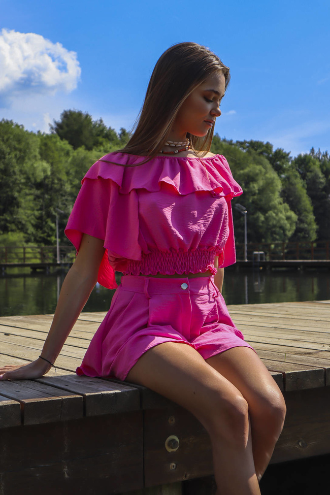 RÓŻOWY KOMPLET HISZPANKA + SPODENKI Z WYSOKIM STANEM