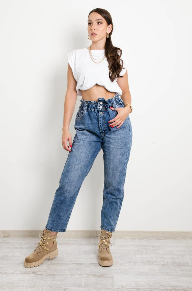 SPODNIE JEANSOWE BAGGY Z GUMĄ W PASIE-WYSOKI STAN