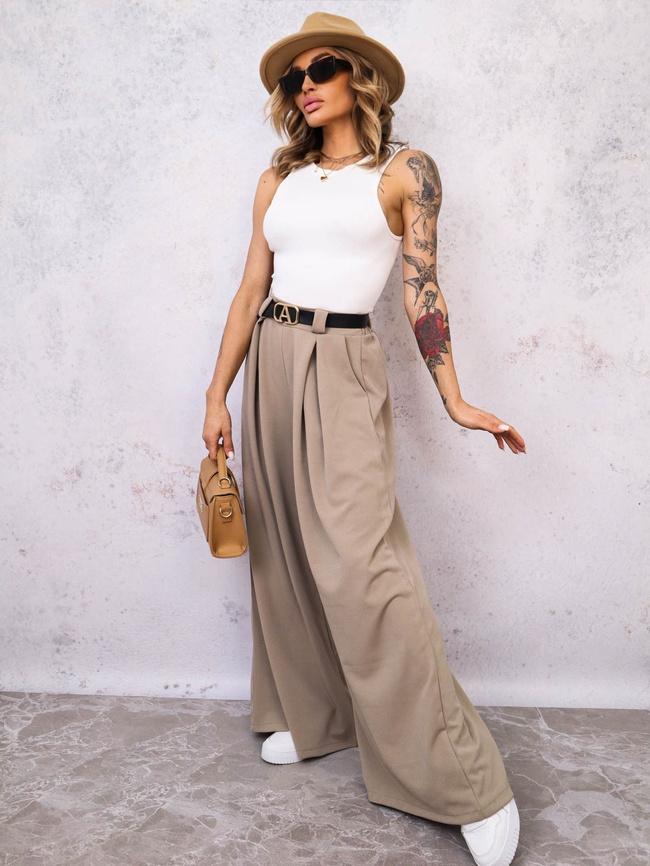 SPODNIE MATERIAŁOWE Z SZEROKIMI NOGAWKAMI+ PASEK- BEŻOWE