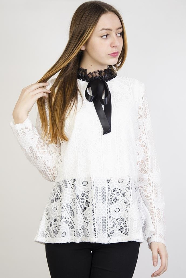 Biała bluzka z baskinką i czarnymi wstawkami