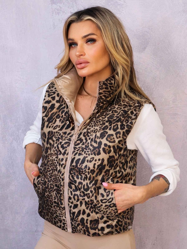 KRÓTKA DWUSTRONNA KAMIZELKA Z KIESZENIAMI- BRĄZOWA