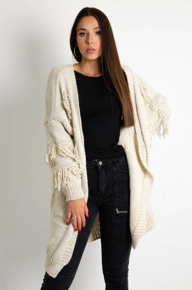BEŻOWY SWETER KARDIGAN Z FRĘDZLAMI