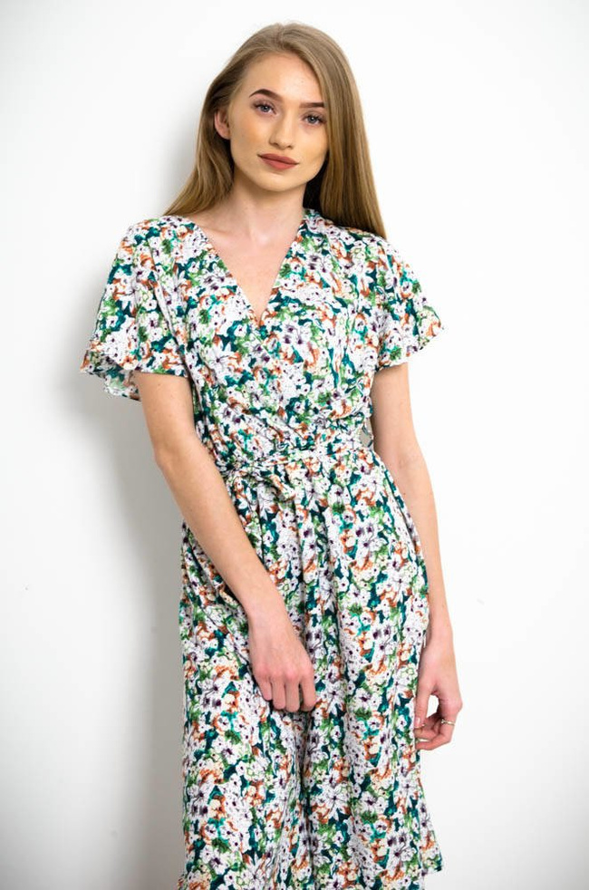 ZIELONA KWIECISTA SUKIENKA Z FALBANKĄ W RĘKAWACH