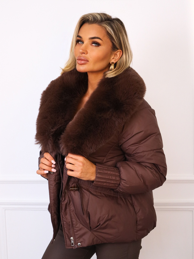 KURTKA ZIMOWA ZAPINANA NA ZAMEK I GUZIKI Z FUTERKIEM- CZEKOLADOWA