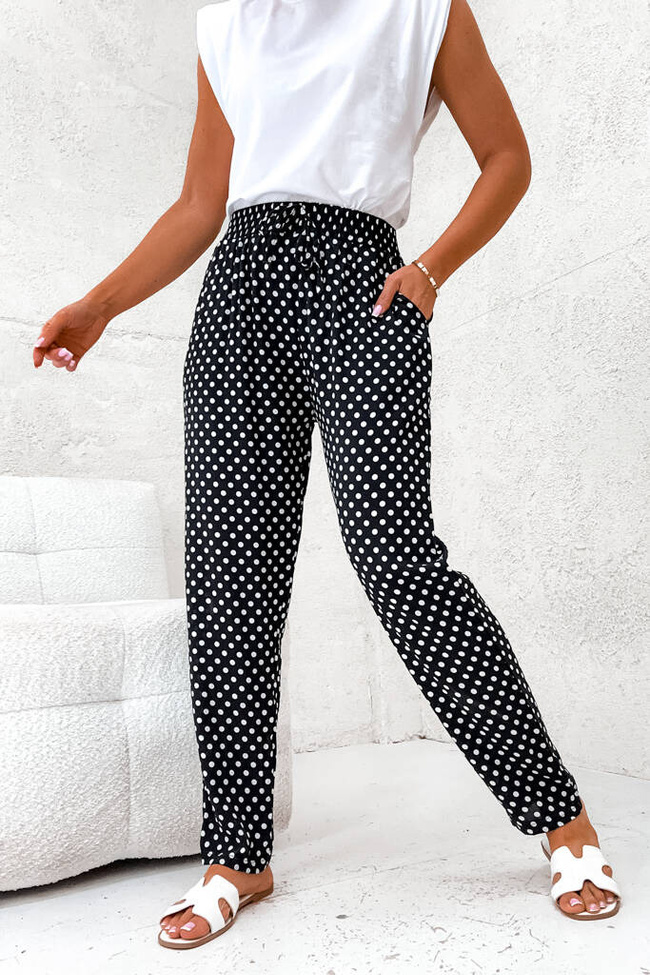 BAWEŁNIANE SPODNIE W KROPKI- CZARNE