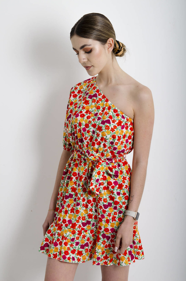 SUKIENKA W KWIATY NA JEDNO RAMIĘ -BIAŁA