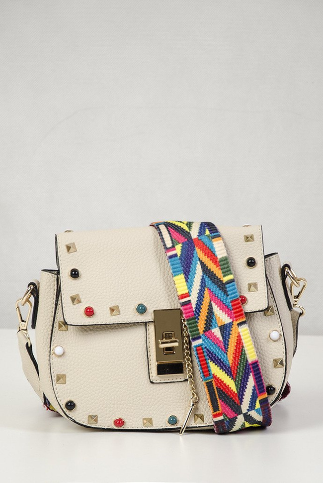 Beżowa torebka z kolorowym paskiem