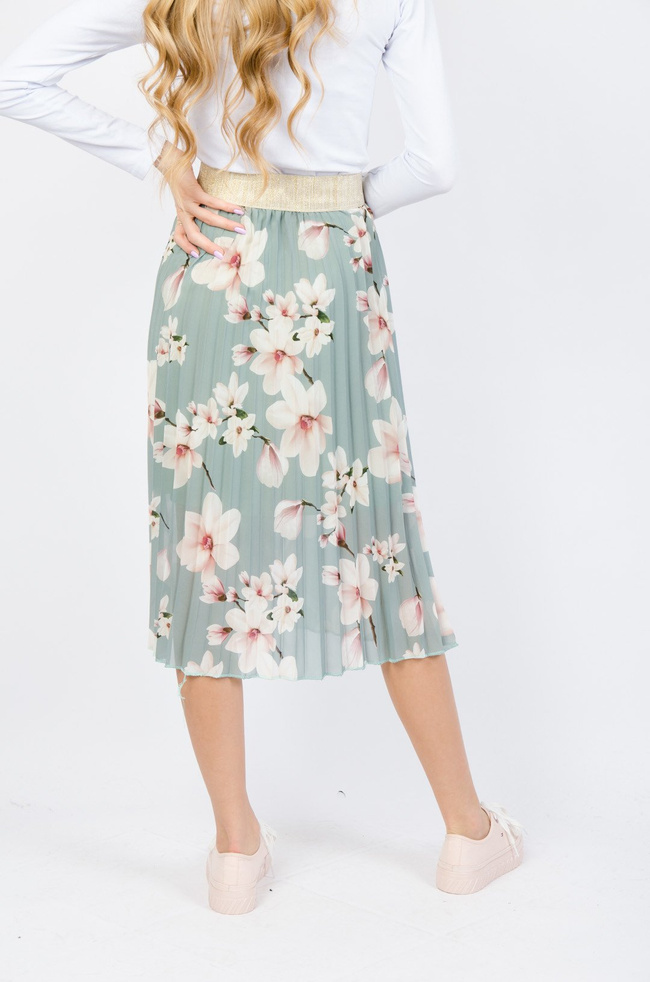 PLISOWANA SPÓDNICA W KWIATY W KOLORZE ZIELONYM