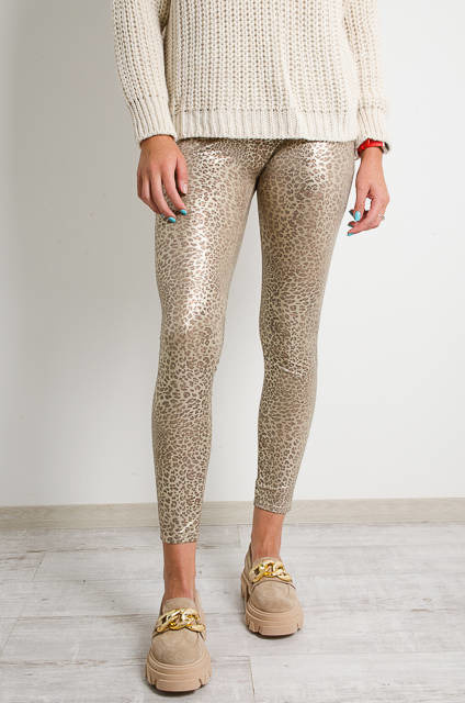 ZŁOTE POŁYSKUJĄCE LEGGINSY W PANTERKĘ-WYSOKI STAN