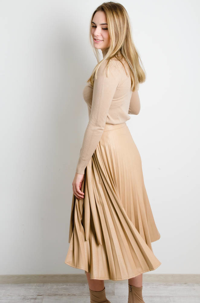 BEŻOWA PLISOWANA SPÓDNICA Z EKO SKÓRY -REGULOWANA