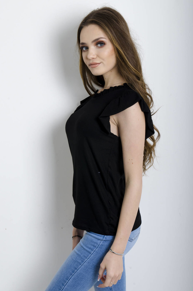 BLUZKA PRĄŻKOWANA Z FALBANKĄ CZARNA