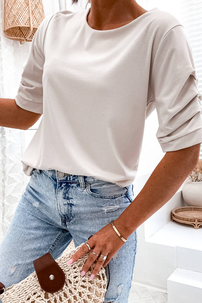 BLUZKA ONE SIZE Z MARSZCZENIEM NA RĘKAWIE- BEŻOWA