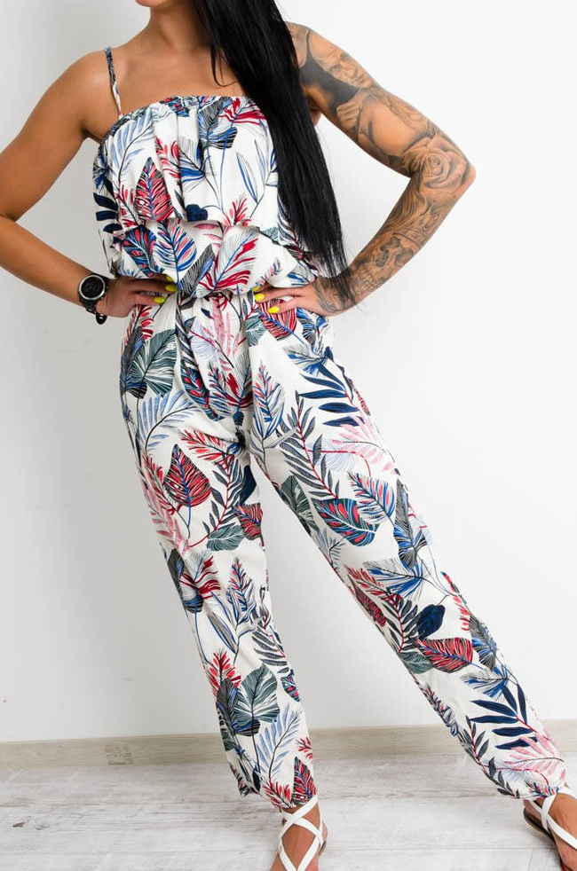 BIAŁY KOMBINEZON W KWIATY Z HISZPAŃSKIM DEKOLTEM