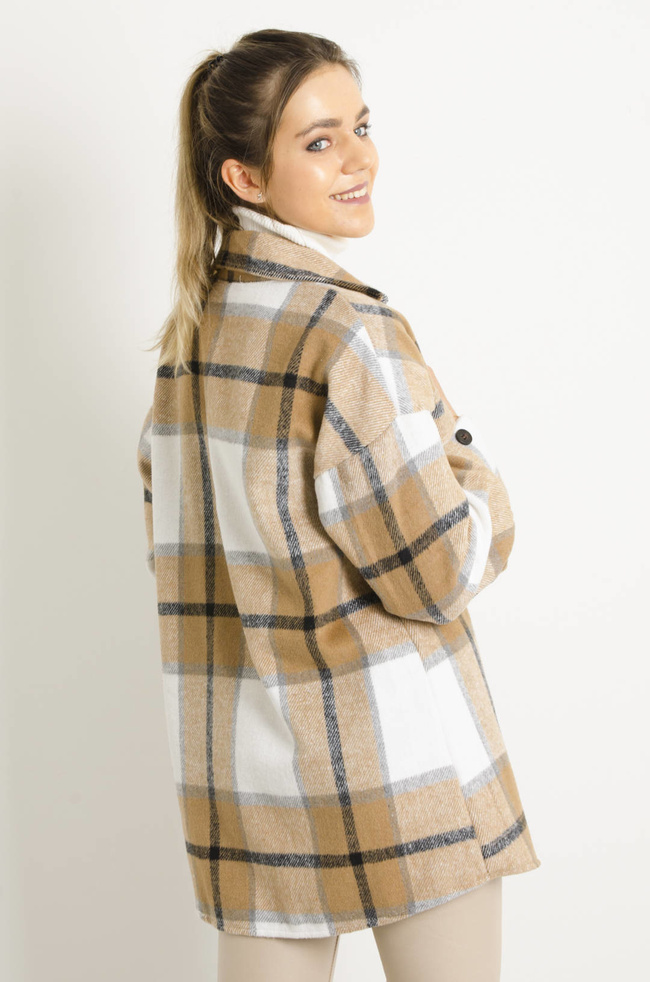 KURTKA KOSZULOWA W KRATĘ- BEŻOWA
