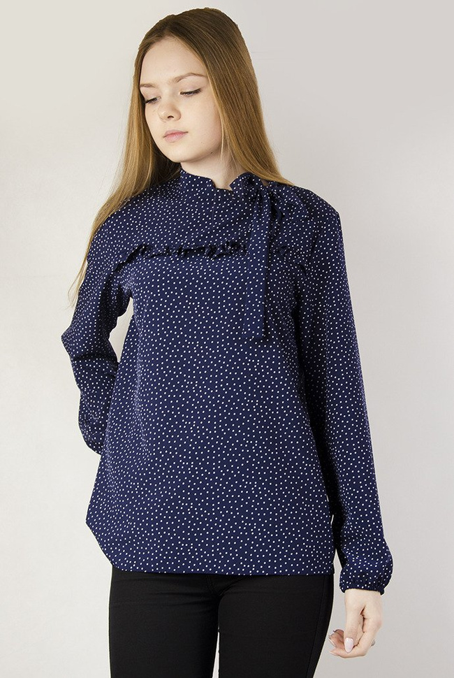 Granatowa bluzka koszulowa w białe kropki z wiązaniem przy dekolcie