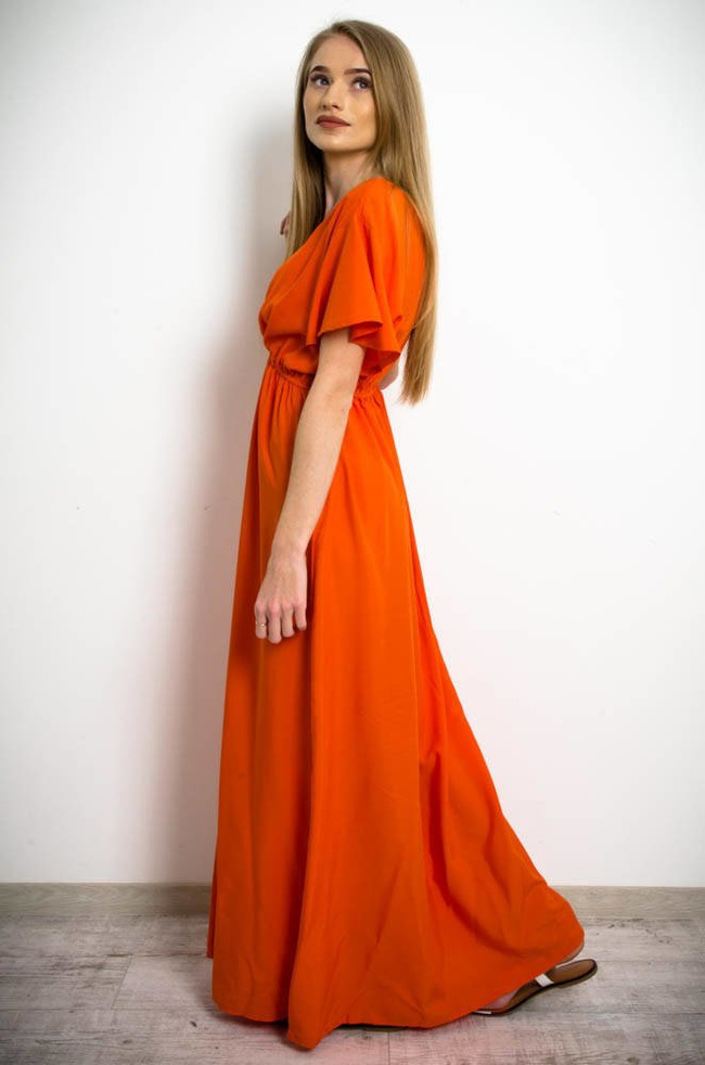 DŁUGA SUKIENKA MAXI Z KOPERTOWYM DEKOLTEM W KOLORZE POMARAŃCZOWYM