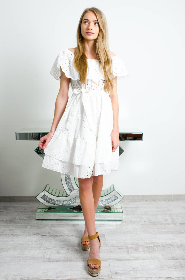 BIAŁA AŻUROWA SUKIENKA HISZPANKA Z WIĄZANIEM W PASIE