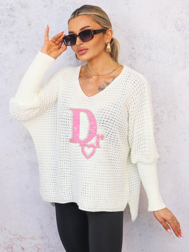 SWETER OVERSIZE O KROJU NIETOPERZA Z OZDOBNĄ APLIKACJĄ- BIAŁY